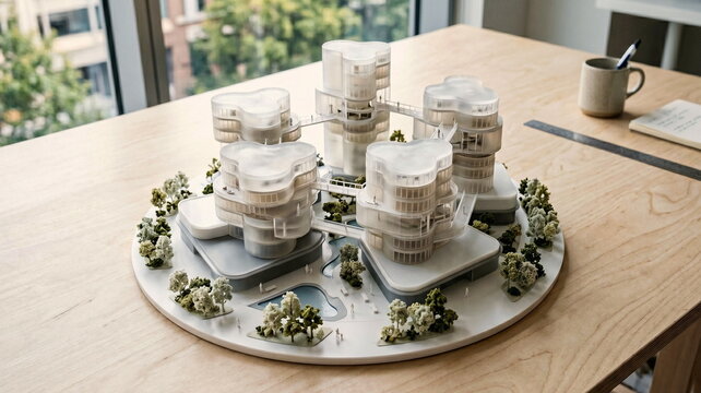 Realistic architectural photo of a futuristic office campus model with cloud-like tower volumes, translucent resin blocks, tiny skybridges, and clusters of miniature trees, arranged on a clean