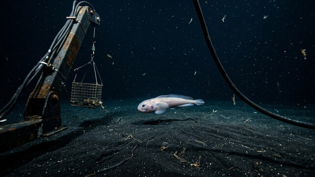 A newly described deep-sea snailfish swims just above fine black sediment, framed by a baited lander arm, a tether cable, and suspended particles in near-total darkness. Minimal composition