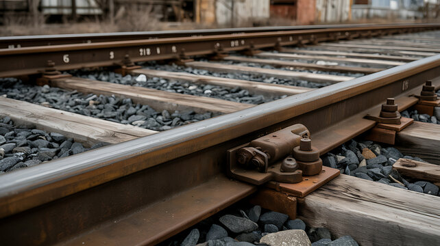 Railroad tracks with gravel and wooden ties, industrial background, train tracks rails