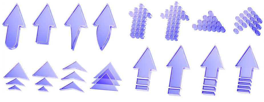 Hologram glass arrow sign collection - triangle, striped, dotted, speed and round pixel. Purple transparent pointers, direction indicators. Interface elements for web and app design