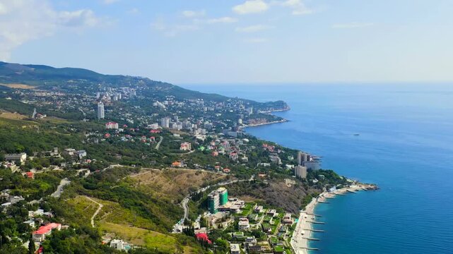Alupka, Crimea. The south coast of Crimea. Black sea coast and mountains. Drone footage