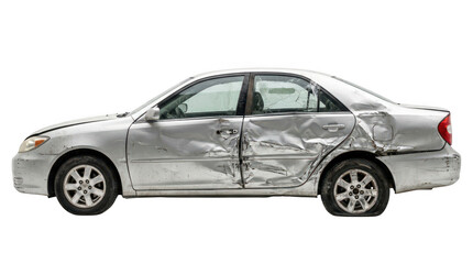Fototapeta premium Silver sedan car with heavy side damage isolated on transparent background