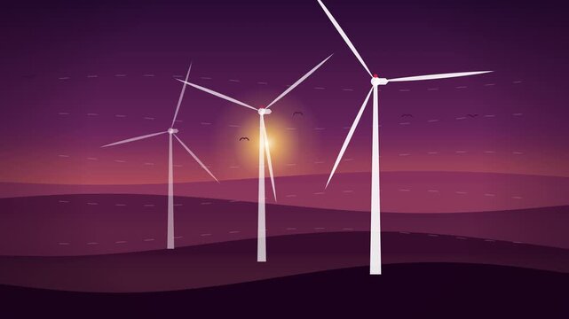 Animated wind turbines spinning on hills at sunset.