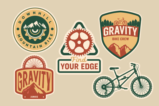 Downhill Mountain Bike and Gravity Crew Badge Set. Vintage Off-Road Cycling Emblem Collection with Bicycle, Gears, and Mountain Trail Vectors.