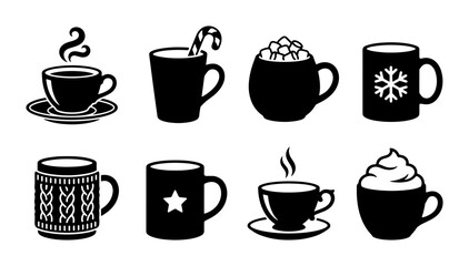 Fototapeta premium Winter Hot Drinks Icons Set, Cozy Beverage Mugs Collection, Christmas Coffee Cup Graphics