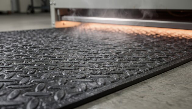 Closeup of vulcanizing rubber mats with antifatigue cushioning texture showcasing heat molding and detailed traction pattern in an industrial workshop setting.