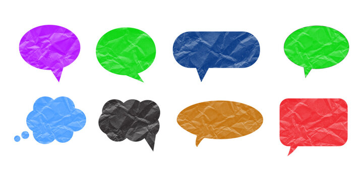 Colorful crumpled paper speech and thought bubbles set, isolated on white background