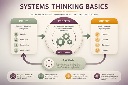 An infographic illustrates the basics of systems thinking, detailing inputs, process, output, and feedback loops.