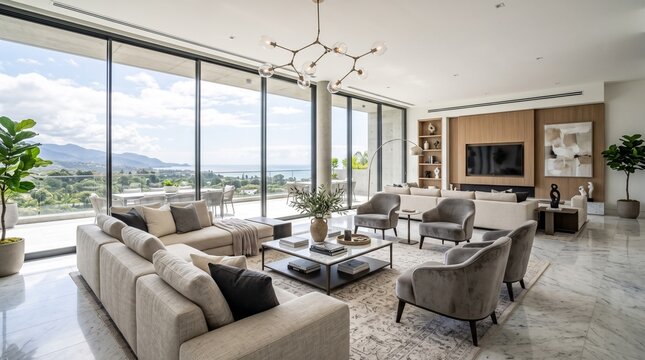 Modern living room with beige couch and chairs, large windows, and scenic mountain view