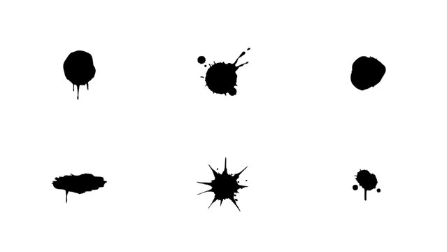 Six Black Ink Splatter Shapes Arranged in a 2x3 Grid on a White Background Featuring Abstract Art, Artistic Design, Creative Design, Clean
