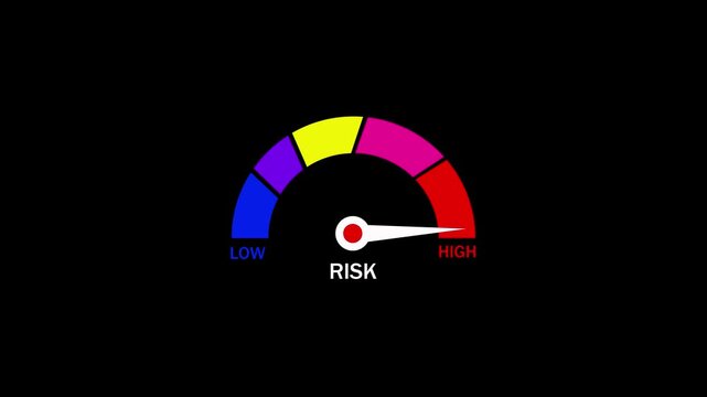 Digital speedometer icon animation on black background. Gauge meter with arrow moving from blue low to red high. Credit score or risk level indicator animation with alpha channel