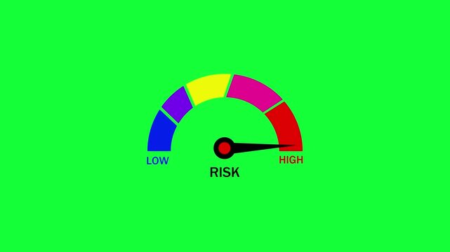 Digital speedometer icon animation on green background. Gauge meter with arrow moving from blue low to red high. Credit score or risk level indicator animation with alpha channel