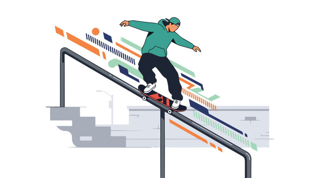 Illustration of a skateboarder performing a grind trick on a metal rail.