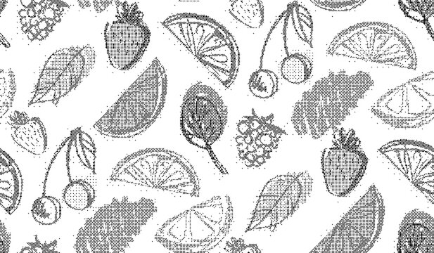 Seamless pattern with hand drawn fruits and berries including strawberries, cherries, orange slices and raspberries