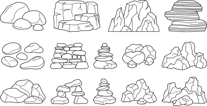 Hand Drawn Rock Formation Set with Stone Piles and Cliff Elements