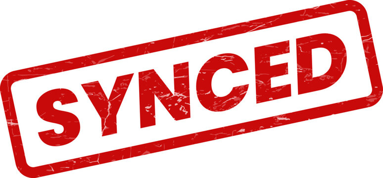 A grunge textured red rectangular rubber stamp illustration displaying the word SYNCED in a bold white font