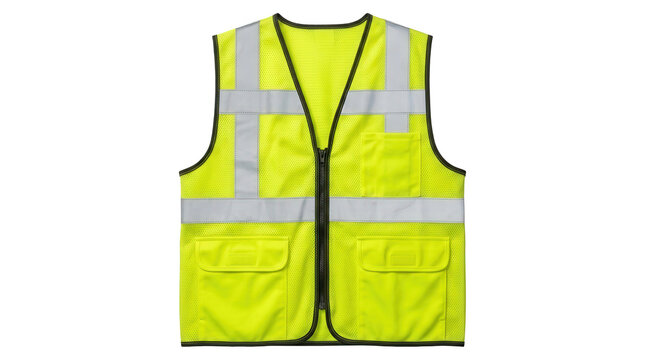 Bright yellow neon safety vest with reflective silver stripes isolated on a transparent background. Protective high visibility waistcoat for industrial and construction workers.