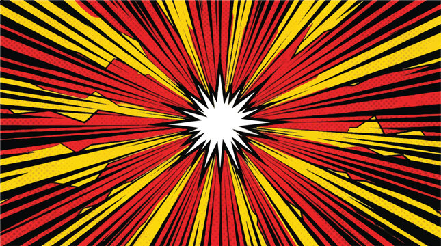 Vivid radial explosion with yellow and red rays emanating from a bright white center.