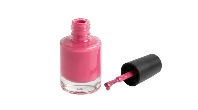 Open pink nail polish bottle with brush applicator isolated on a transparent background. Concept of cosmetics, makeup fashion, pedicure treatment, female grooming, and beauty product.
