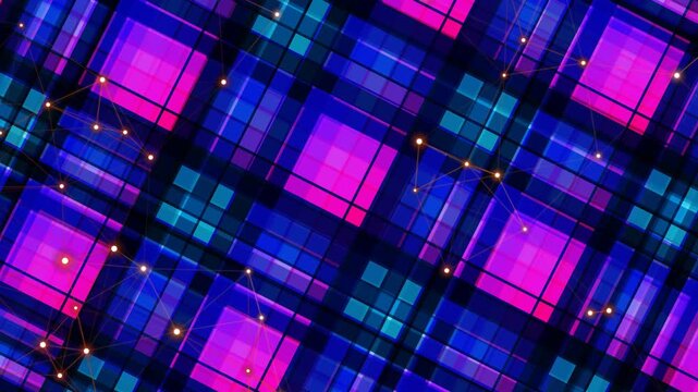 Abstract dark geometric grid pattern with colorful pink and blue square elements and glowing nodes for modern tech backdrop