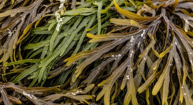 Close-up of green and brown seaweed with water droplets on a rocky shore.