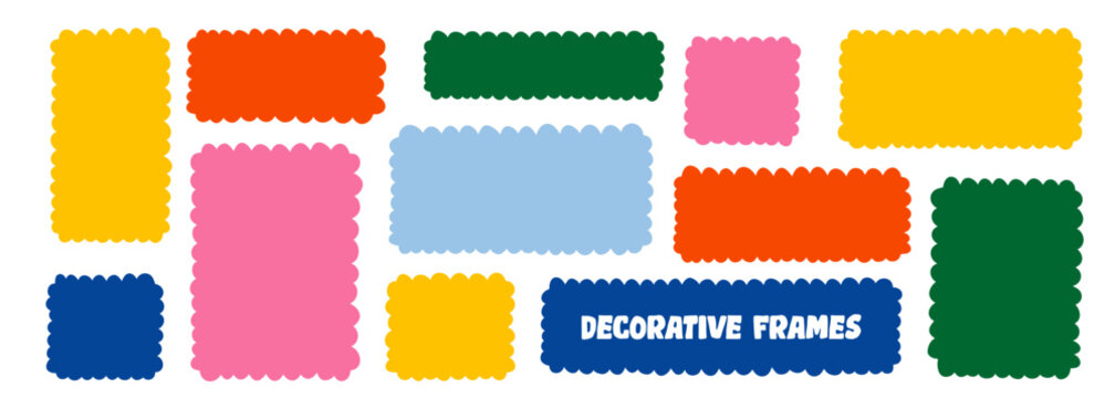 Text, wavy, and box organic shapes with a square frame, rectangle doodle, curvy form, and minimalist edge for a smooth vector background. Playful scribble elements and fluid lines