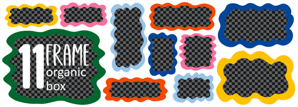 Amoeba wavy rectangle for fluffy zigzag frame and cloud square shape. Doodle round box for blob sticker irregular and loose texture wiggly. Amoeba seal textbox for fluffy ribbon 3d and zigzag.