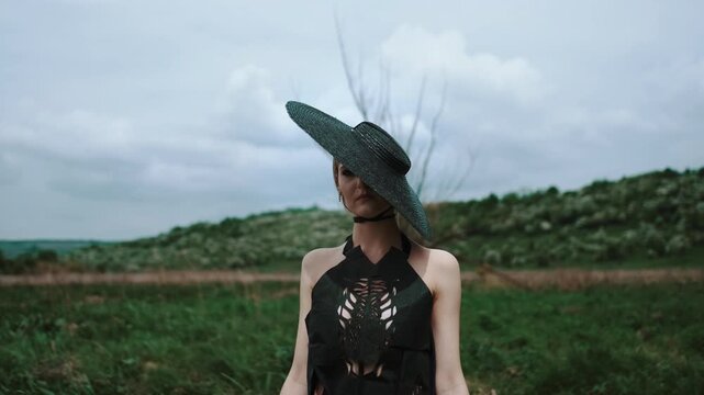Woman stands upright in open grassy meadow beneath soft overcast light, wide brim woven hat tilted forward to hide eyes and upper face, with muted rural backdrop, calm fashion mood, natural textures