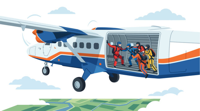 Skydivers preparing to jump from a small airplane in flight.