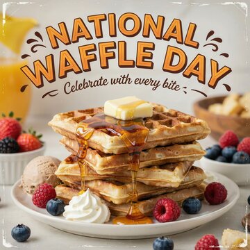 National Waffle Day celebration with stack of waffles topped with butter and syrup, surrounded by berries and whipped cream