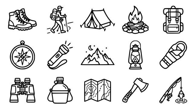 Camping icons and travel symbols in vector graphic illustration style
