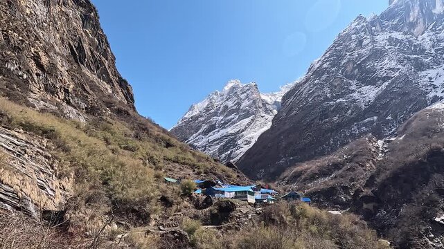 Deurali lodges in the upper Modi Khola valley below snow peaks, Annapurna, Nepal