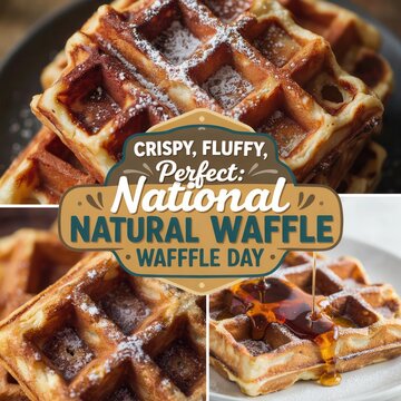 Delicious waffles with syrup and powdered sugar, collage celebrating National Waffle Day
