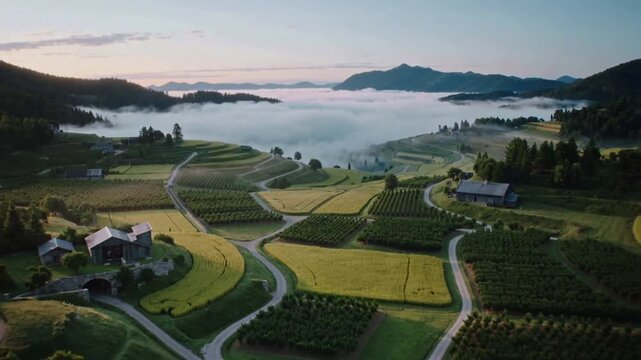 Gliding drone prompted by sunrise revealing cereal crop and farm roads in rural valley, with fog