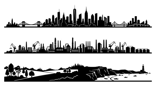 Black and white city skylines with industrial and natural landscapes