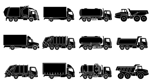 Black silhouettes of various trucks and industrial vehicles illustration set
