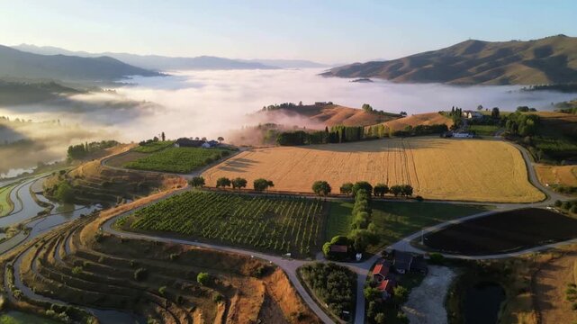 Gliding drone revealing terraced paddies, golden field, winding road to farm, capturing morning fog