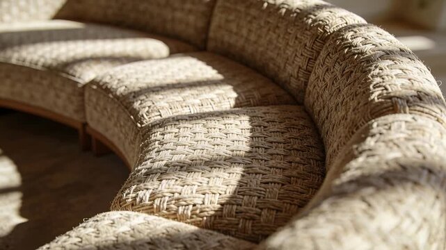 Shifting sunlight showing weave on curved sofa, camera pulling focus in room with shadow bands