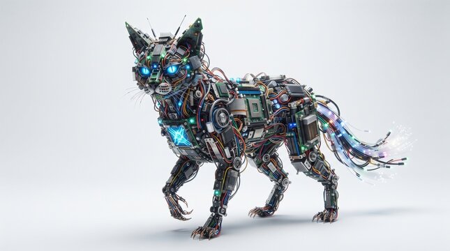 Futuristic mecha feline quadruped standing with glowing blue eyes and mechanical parts in a high tech studio setting