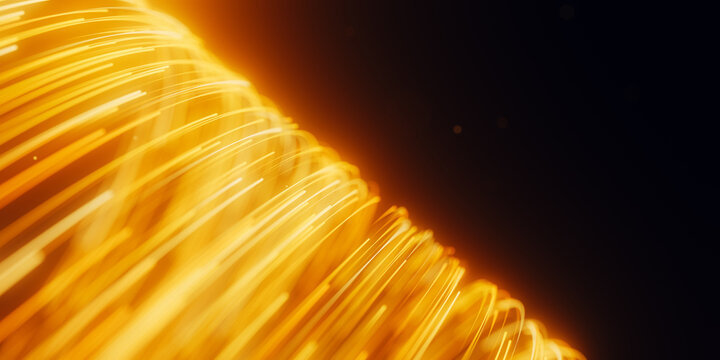 Golden circular light tunnel and black hole portal. 3D abstract quantum vortex with magic particles.