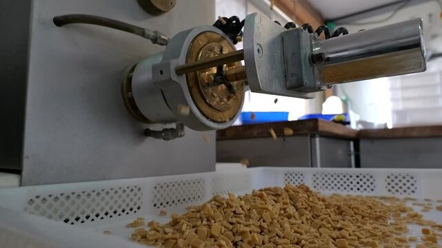 Slight push-in shot of a pasta extruder ejecting small shaped pieces that scatter through the air before landing in a plastic tray below.