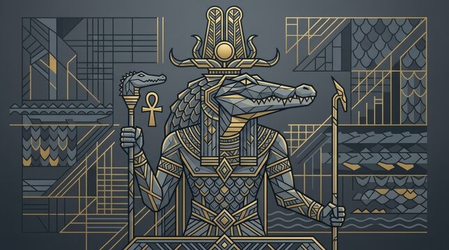 Ancient Egyptian God Sobek Illustration With Hieroglyphic Background and Gold Detailing