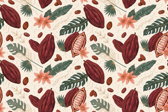 Repeating pattern of cocoa pods, cacao beans, and tropical monstera leaves with orange flowers on a light beige background, botanical