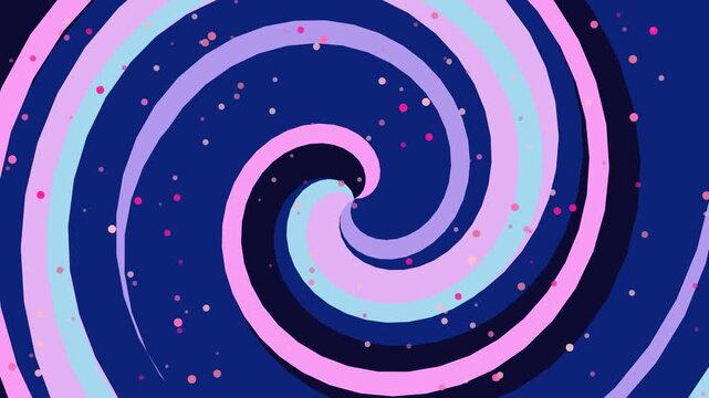 Abstract pink and blue swirl pattern illustration with scattered dots in a hypnotizing design on a dark blue background