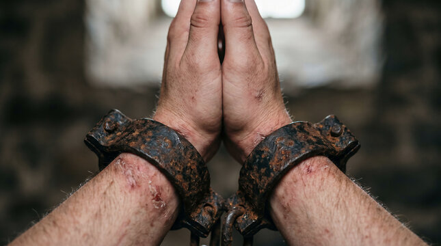 Apostles Paul and Silas praying and singing hymns in a dark, grimy prison cell just before a miraculous earthquake strikes