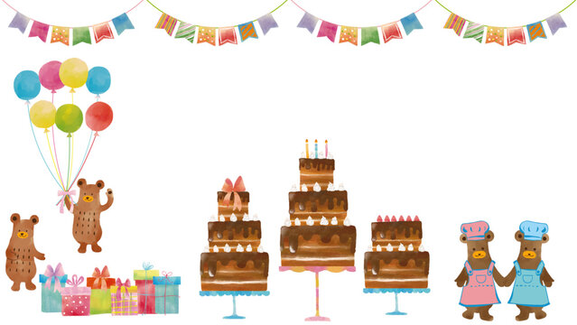 水彩風 熊のケーキ屋さんチョコケーキお誕生日セット Happy Series:Watercolor-style Bear's Cake Shop Chocolate Cake Birthday Set