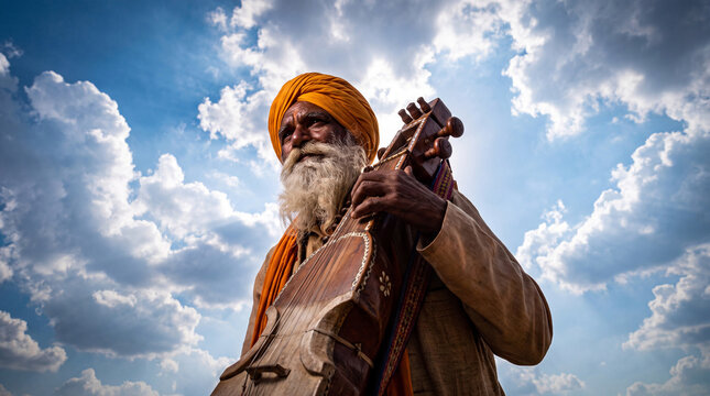 elderly Indian Warkari holding a veena beneath a saffron flag during the Wari pilgrimage