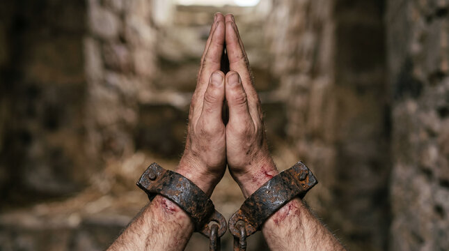 Apostles Paul and Silas praying and singing hymns in a dark, grimy prison cell just before a miraculous earthquake strikes