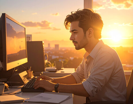 Man working at computer sunset