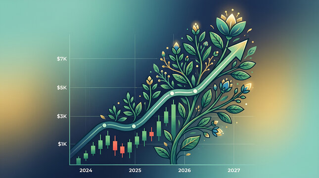 Green plant growing on a financial graph with an upward trend